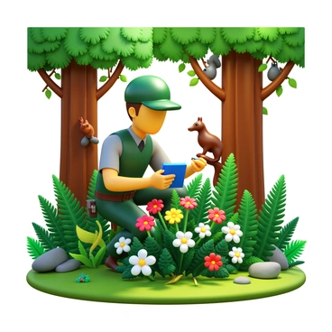 A park ranger wearing a green uniform and a hat is examining various plants and wildlife in a forested area. The ranger is crouched down near a cluster of vibrant wildflowers, holding a small notebook and pen. In the background, tall trees with green leaves provide shade, and a variety of ferns surround the ranger. A small bird is perched on a nearby branch, and a squirrel can be seen climbing a tree trunk. Sunlight filters through the leaves, casting dappled shadows on the forest floor.