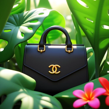 A "Chanel handbag" in a classic black color, featuring the iconic interlocking "CC" logo. The handbag is nestled among "lush tropical plants" with large green leaves and vibrant, colorful flowers. Sunlight filters through the foliage, casting dappled shadows on the handbag. The scene evokes a sense of luxury and nature coexisting.