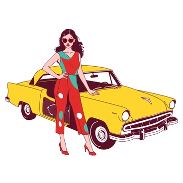 Anjelica is standing confidently next to a bright yellow vintage car. She is wearing a retro-patterned outfit featuring bold geometric shapes in red and teal. Her hair is styled in loose waves that frame her face, and she has a pair of oversized sunglasses perched on her nose. The vintage car has a shiny chrome finish and an open door, inviting the viewer's attention. Anjelica's pose is casual, with one hand resting on the car and the other on her hip, showcasing her stylish outfit against the backdrop of the classic vehicle.