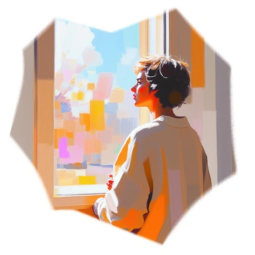 A person with medium skin tone standing by a large window, gazing thoughtfully into the distance. They have short curly hair and are wearing a cozy sweater. The sunlight filters through the window, casting soft shadows on their face. Outside the window, there are trees and a clear blue sky, enhancing the contemplative mood of the scene. The interior is softly lit, creating a warm atmosphere around the person.