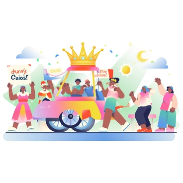 A lively festival parade is taking place on a bright, sunny day. In the foreground, a float adorned with colorful decorations has a giant crown centerpiece that gleams in the sunlight. The crown is embellished with sparkling gems and intricate designs. Surrounding the float, people are dressed in vibrant costumes, dancing and celebrating. Some participants hold up banners with cheerful messages, while others toss confetti into the air. The parade route is lined with excited spectators waving and smiling as they enjoy the vibrant atmosphere.
