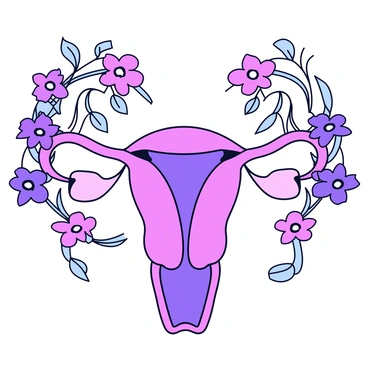 An illustration of the female reproductive system with detailed anatomical features, including the uterus, ovaries, and fallopian tubes. The reproductive organs are surrounded and intertwined with various flowering plants and vines, showcasing vibrant blossoms in shades of pink and purple. The vines have a natural, flowing appearance, wrapping around the reproductive system harmoniously. The overall composition presents a clear connection between the anatomical structures and the organic elements, emphasizing their interdependence.