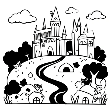 A detailed illustration of "Hogwarts" towers emerging from the lush, rolling hills of "Hobbiton." The intricate architecture of "Hogwarts" features tall spires and arched windows, blending seamlessly with the quaint, round doorways and thatched roofs of the "Hobbiton" homes. Lush greenery surrounds the scene, with a winding path leading toward the castle. Small hobbit holes peek out from the grassy knolls, and a winding brook flows gently in the foreground. There are a few whimsical creatures like a small dragon perched on a tree branch and a house elf peeking out from behind a bush, adding to the playful atmosphere. The sky is filled with fluffy clouds, casting soft shadows over the landscape.