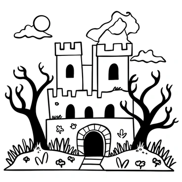 An ancient, crumbling castle surrounded by swirling mist and moonlight