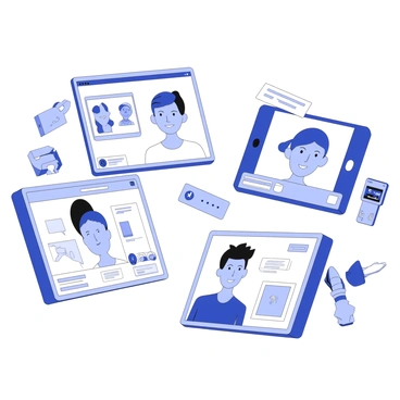 A group of people is engaged in video calls using various digital devices. Each person appears on their own screen, displaying clear facial expressions and gestures. The screens show digital interfaces with features like dropdown menus and text chat windows. One screen includes a message notification with a blinking icon. Another shows an image of a shared document being discussed. The background of each scene reflects different home office settings, with bookshelves and plants visible.