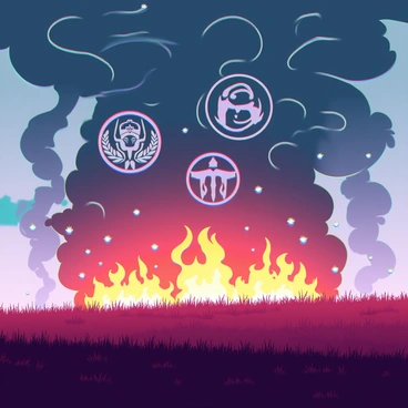 A vast field engulfed in intense flames, with bright orange and yellow fire casting a dramatic glow. Thick plumes of smoke rise into the air, swirling upwards in intricate patterns. Within the smoke, distinct insignias of various nations emerge, each symbol intricately detailed and contrasting sharply against the dark background of the smoke. The scene captures a sense of chaos with embers floating in the air, while the grass around the fire is scorched and blackened. The sky above is tinged with a smoky haze, adding to the ominous atmosphere of the burning field.