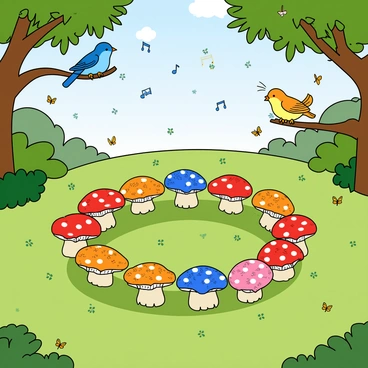 A fairy ring surrounded by musical notes as birds and insects create a symphony in nature.