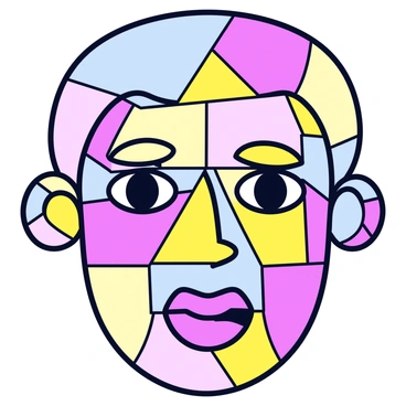 A mosaic portrait of a face composed of numerous geometric pieces. Each piece is outlined with distinct line art, creating a clear separation between them. The face features defined facial characteristics, such as bright eyes, a prominent nose, and full lips, each represented by differently shaped segments. The overall design is symmetrical, and the mosaic is filled with a variety of colors, enhancing the individuality of each piece. The background is a solid color to emphasize the mosaic face.