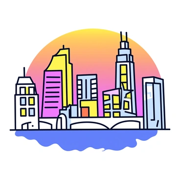 A tee shirt design featuring a vibrant urban skyline. The skyline includes a variety of tall skyscrapers with unique architectural shapes. Some buildings have glass facades reflecting light, while others have bold colors and distinct patterns. The background includes a gradient sky transitioning from orange to purple, suggesting a sunset. The skyline is outlined in black for contrast, providing a clear focus on the buildings.