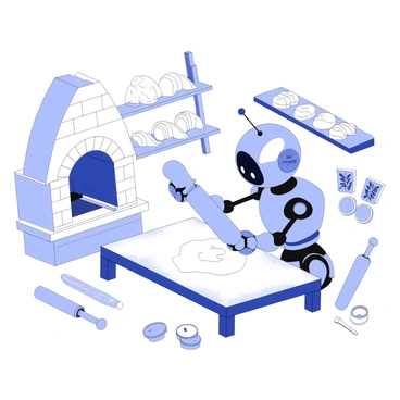 A robot is actively baking fresh bread in a cozy bakery. The robot has a metal body with articulated limbs, and is holding a loaf of dough that it has just shaped. There is a wooden baking table covered with flour, with white powder strewn about. Surrounding the robot, there are various pastries neatly arranged on shelves, including croissants and muffins. The bakery has warm, inviting details, such as a brick oven and hanging herbs, contributing to a homey atmosphere. A rolling pin and measuring cups are placed nearby, further emphasizing the baking process.