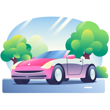 A car with a reflective mirror-like paint job is parked on a smooth asphalt road. The surface of the car shines brightly, capturing the rays of the bright afternoon sun, creating dazzling reflections. The body of the car is sleek and streamlined, featuring a modern design with curves and sharp angles. Surrounding the car are lush green trees, their leaves glimmering in the sunlight. The clear blue sky above contrasts with the vibrant colors of the environment, enhancing the overall effect of the scene. The shadows cast by the car add depth to the image, showcasing its polished exterior.