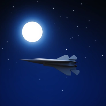 An F5 jet flying through a clear night sky. The jet is positioned prominently in the foreground, its sleek body reflecting the moonlight. A large, glowing full moon is visible in the background, casting a soft light over the scene. Stars twinkle in the vast expanse of the night sky, creating a contrast with the dark background. The overall atmosphere is one of motion, highlighting the powerful design of the jet against the celestial elements.