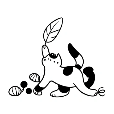 A cat with distinct fur patterns is playfully nudging a drifting feather with its paw. The feather is light and floating just above the ground, casting a delicate shadow. In the background, there are scattered toys and a small ball of yarn, adding to the playful atmosphere. The cat's body is in a crouching position, ready to pounce on the feather.