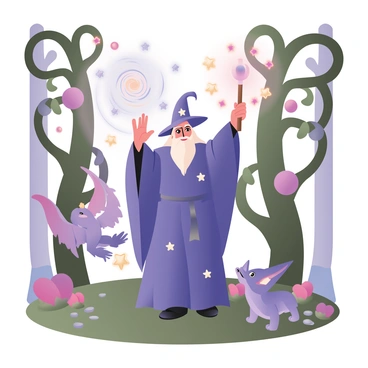 A wizard standing in an enchanted forest, surrounded by tall, twisting trees with vibrant green leaves and colorful flowers. The wizard has a long, flowing robe in deep blue adorned with silver stars, and a tall, pointed hat matching the robe. He is holding a wooden staff topped with a glowing crystal, raised above his head as he conjures a spell. Bright swirling lights and magical symbols are emanating from the staff, illuminating the scene. In the center of the magical energy, a mythical creature begins to materialize; it has majestic wings, shimmering scales, and an elegant form. The forest floor is covered with soft moss and small, sparkling stones, enhancing the magical atmosphere.