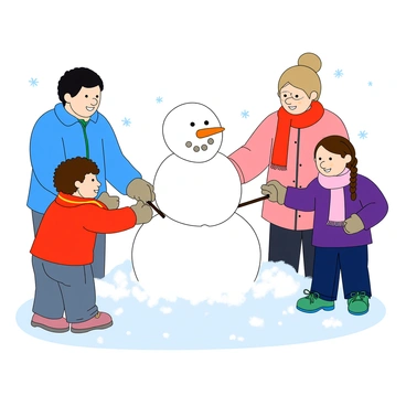A family building a snowman together on a snowy day, complete with scarves and carrots.