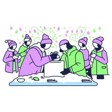 An artist is demonstrating ice carving at a winter festival. The artist is wearing a warm jacket, gloves, and a hat, focusing intently on the block of ice in front of them. A set of chisels and tools is laid out on the snowy ground nearby. The snow is fresh and covers the surrounding area, creating a soft, white landscape. Spectators are gathered around, some holding hot drinks in their hands. Snowflakes are gently falling from the sky, adding to the festive atmosphere. In the background, colorful festive lights and decorations are visible, enhancing the winter scene.