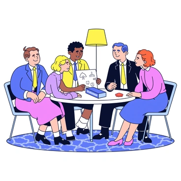 A vintage scene depicting several people from the 1950s gathered around a small table. Two men and two women are engaged in a game of Pictionary. One man is drawing on a large pad of paper, while the others lean in closely, eagerly guessing. The men are wearing smart suits with narrow ties, and the women are in elegant dresses with petticoats. The room is decorated with retro furnishings, including a patterned rug and a classic lamp casting warm light. A board game box, labeled "Pictionary," is visible on the table beside them.
