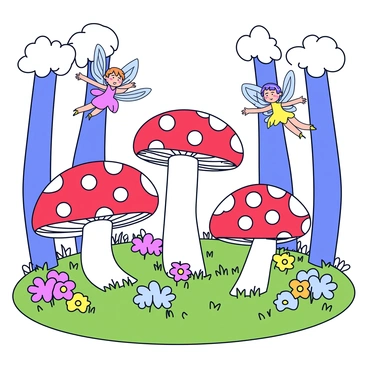 A whimsical forest scene featuring several giant mushrooms with bright red caps and white spots. The mushrooms are surrounded by lush green grass and vibrant flowers in various colors. Delicate fairies with translucent wings are fluttering around the mushrooms. Each fairy has a unique dress made of petals and leaves. Sunlight filters through the trees, creating playful shadows on the forest floor.