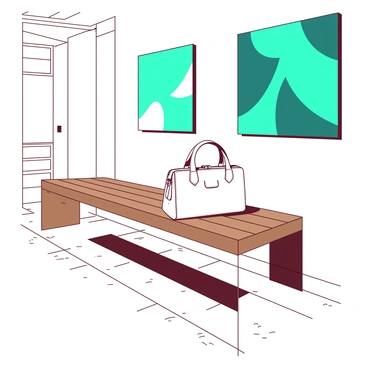 A white Chanel handbag is placed elegantly on a polished wooden bench in a modern art gallery. Beside the handbag, there is a striking teal art piece displayed on the wall, featuring bold shapes and contrasting colors. The gallery has bright lighting that highlights the texture of the handbag and the details of the art piece. The floor is made of glossy tiles, reflecting the colors from the handbag and the art.