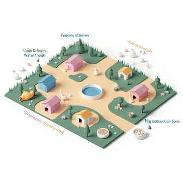 A vibrant map of a poultry farm, featuring clearly defined areas. At the top left, there is a "coop" area with multiple chicken coops, each painted in different bright colors, and chickens pecking the ground nearby. The center of the map highlights a "feeding station" with large containers filled with feed. Nearby, a "water trough" area is depicted with chickens drinking. To the right, there is an "egg collection zone," showing baskets filled with eggs and chickens laying eggs. The surrounding areas include green grass, trees, and flower patches, enhancing the colorful and lively atmosphere of the farm.