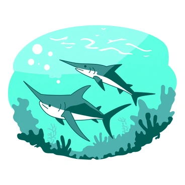 A group of sleek swordfish is swimming gracefully through turquoise ocean currents. The swordfish are depicted with long, pointed beaks and streamlined bodies, gliding effortlessly. Bubbles rise around them, creating a sense of movement and life in the water. Light filters down from the surface, casting a shimmering glow on the fish and illuminating the surrounding aquatic environment. In the background, hints of coral reefs and other ocean creatures are subtly visible, adding to the vibrant underwater scene.
