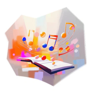 Floating musical notes in various sizes and styles are arranged in a dynamic formation, creating the impression of a symphony in motion. The notes are elegantly twisting and turning, with some notes appearing bolder and others more delicate. The vibrant background features a blend of warm colors like red, orange, and yellow, with cool tones of blue and purple interspersed, giving a feeling of energy and movement. The notes seem to dance across the canvas, conveying a sense of rhythm and harmony as they weave through the colorful backdrop.