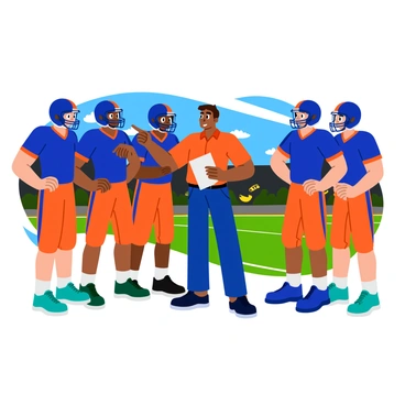 A group of five football players in colorful uniforms huddling closely together. Each player is wearing a helmet, and their jerseys are bright blue and orange. The coach stands in the center, pointing emphatically while holding a clipboard. The players are listening intently, with focused expressions on their faces. The scene captures the intensity of halftime as they prepare for the next half of the game. The background is filled with vibrant stadium lights and the blurred outline of cheering fans.