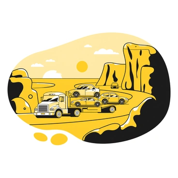 A car carrier truck driving along a winding coastal road. The truck is loaded with multiple vehicles securely positioned on the flatbed. The sun is setting on the horizon, casting a silhouette of the truck against the sky. The coastline is visible in the background, with cliffs and waves crashing against the rocks below. The scene captures the outlines of the truck and the vehicles, framed by the curvature of the road and the distant sea.