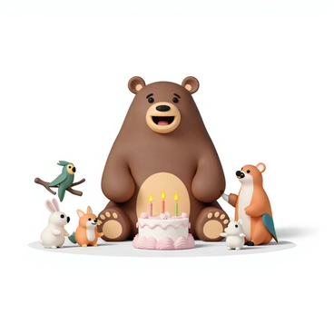 A large, friendly bear, with soft brown fur and a joyful expression, sits in the center of a clearing. Surrounding the bear are several animal friends, including a small rabbit with white fur, a cheerful fox with orange fur, and a colorful parrot perched on a nearby branch. In front of the bear, there is a big, round cake decorated with icing and topped with lit candles, casting a warm glow. The animals appear excited and are looking at the cake, ready to celebrate.
