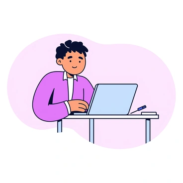 An individual sitting at a simple table with a laptop open in front of them. The person has a focused expression on their face, indicating concentration. They are wearing casual clothing, and their hair is styled neatly. The laptop screen displays job listings, adding context to their task. The setting is minimalistic, with only a few items like a notepad and a pen on the table. The background has a soft color, enhancing the focus on the individual and their work.