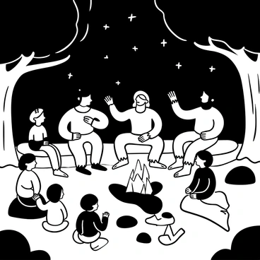 A group of Neanderthal elders, depicted with rugged features and wearing primitive clothing made from animal hides, sit around a large, crackling fire. The flames cast flickering shadows on the surrounding figures. The elders are animatedly gesturing as they share stories, with their hands raised for emphasis. Several children, with wide stances and attentive postures, sit closely around them, captivated by the tales being told. The ground is scattered with stones and sticks, and the night sky is visible above, dotted with stars. In the background, silhouettes of ancient trees frame the scene, contributing to the atmosphere of a shared moment of history and learning.
