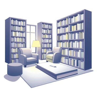 A spacious library featuring tall shelves filled with books of various sizes. The shelves are densely packed, displaying an array of colorful spines and titles. In one corner, there is a cozy reading nook, which includes a plush armchair and a small side table. A soft throw blanket is draped over the armchair, inviting readers to sit and enjoy a book. The reading nook is illuminated by a warm lamp, casting a gentle glow over the space. A large window nearby allows natural light to stream in, enhancing the inviting atmosphere. A one-eight board rests in the center of the room, adding a unique element to the library's design.