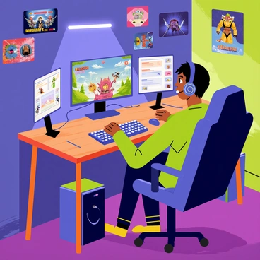 A gamer is sitting at a large wooden desk in a colorful, tech-filled room. The desk has multiple monitors displaying vibrant game graphics and live chat. Surrounding the monitors are various gaming gear, including a mechanical keyboard with glowing keys and a gaming mouse with customizable lights. The room is filled with posters of popular video games on the walls. A comfortable gaming chair is positioned in front of the desk. There are LED strip lights illuminating the room with a mix of blue, purple, and green colors. The gamer is wearing a headset, intensely focused on the game, with a determined expression.