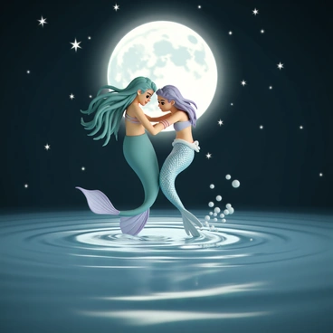 Two mermaids, one with long flowing green hair and a shimmering blue tail, and the other with cascading purple hair and a glittering silver tail, are gracefully dancing on the water's surface. The full moon hangs high in the night sky, casting a soft, glowing light that reflects off the rippling water. The mermaids are entwined in each other’s arms, their tails splashing playfully, sending small droplets of water into the air. Surrounding them are faint, sparkling stars twinkling against the dark sky, enhancing the enchanting atmosphere of their dance.