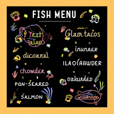 A chalkboard menu displayed prominently at a fish market. The menu features colorful illustrations of various local seafood dishes, including "grilled shrimp tacos," "clam chowder," and "pan-seared salmon." Each dish is labeled with bright white chalk lettering. Surrounding the menu are small decorative fish and seaweed motifs drawn in vibrant colors. The background of the chalkboard is deep black, providing contrast to the colorful illustrations and lettering.