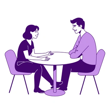 Two individuals are seated across from each other at a small white table. One person is leaning forward slightly, with an engaged expression, eyebrows raised to show interest. Their hands are open and palm-up, indicating a welcoming demeanor. The other person is sitting back, arms crossed, but with a slight smile, suggesting they are amused or intrigued. Their head is tilted slightly, and they are looking directly at the first person, creating a sense of connection. The background is blurred, emphasizing the closeness of the two figures and their silent exchange.