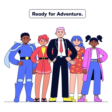 A group of diverse heroes stands together, each displaying unique characteristics and outfits. One hero has bright blue armor with a flowing cape, while another wears a sleek black suit with glowing accents. A third hero has a vibrant red dress adorned with intricate patterns. Each character showcases distinct hairstyles, including curly hair, a shaved head, and long braids. The background features a simple platform that suggests an adventure setting. Above the heroes, a banner displays the words “Ready for Adventure.”