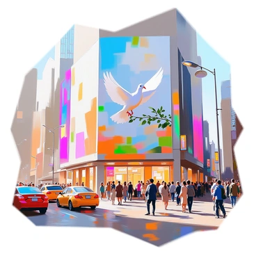 A large mural depicting a "dove holding an olive branch" is painted on the side of a tall building in a bustling city. The dove is positioned prominently in the center of the mural, its wings outstretched, symbolizing peace. Surrounding the dove, the mural features vivid cityscape elements, including skyscrapers, busy streets filled with pedestrians, and cars in motion. People of diverse backgrounds are walking nearby, some pausing to admire the artwork. Colorful banners and lights from nearby shops add vibrancy to the scene, enhancing the contrast between the serene image of the dove and the lively urban environment.