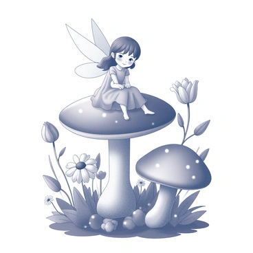A small fairy with delicate wings is perched on a large mushroom in a vibrant garden. The mushroom has a broad, rounded cap, providing a natural seat for the fairy. Surrounding the mushroom are various flowers with different shapes and sizes, creating a dense and lively scene. The garden is lush with greenery, featuring rich, detailed leaves and stems that enhance the sense of abundance. The fairy is wearing a simple, flowing dress that blends with the natural elements of the garden.