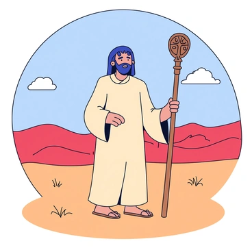 A saint wearing a flowing robe in a light beige color stands in a vast desert landscape. The saint is holding a long wooden staff with intricate carvings at the top. The sky above is a clear blue with a few scattered clouds. Reddish-brown sand dunes are visible in the background, with small patches of dry grass. The sun casts a warm glow over the scene, creating subtle shadows on the ground.