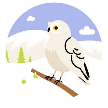 A snowy owl with striking white feathers and dark markings is perched on a sturdy brown branch. Its large, round yellow eyes are gazing intently over a vast snowy landscape covered in a thick blanket of white snow. The background features rolling hills and scattered evergreen trees dusted with snow. The scene is brightened by a clear blue sky above, with a few fluffy white clouds. The owl's wings are slightly spread, showcasing its impressive wingspan as it surveys the tranquil winter scenery.
