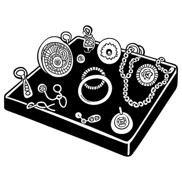 A velvet-lined tray holds an array of exquisite Anglo-Saxon jewelry. There are intricately designed brooches with detailed engravings, shining metalwork, and colorful stone inlays. Delicate chains made of interlinked gold and silver glimmer softly in the light. A large, ornate ring is placed prominently in the center, showcasing its elaborate patterns. Small pendants and charms with Celtic motifs are scattered around the tray, enhancing the overall composition of the display.