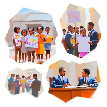 A collection of historic photographs showcasing significant moments from the Brown v. Board era. The images include a group of African American children standing in front of a school, their expressions a mix of hope and determination. Another photograph features a diverse group of parents and activists holding banners and signs advocating for desegregation. There is also an image of a courtroom scene, with solemn faces of judges and attorneys engaged in serious discussion. Each photograph captures the essence of the civil rights movement during this pivotal time in American history.