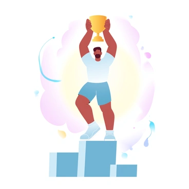 An athlete in a sports uniform is standing triumphantly on a podium, holding a "Most Valuable Player" trophy high above their head. The athlete has a confident stance, with one foot positioned forward and the trophy gleaming in the sunlight. Sunlight creates a warm glow around the scene, illuminating the athlete's figure. The podium is elevated, with a simple design and clear outlines. A few colorful flags are fluttering in the background, adding to the celebratory atmosphere.