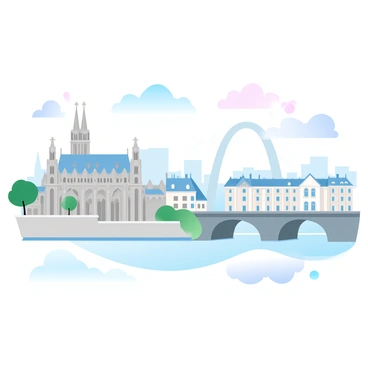 A view of Montpellier's skyline showcasing multiple famous landmarks. The image features the "Saint-Pierre Cathedral" with its gothic architecture, tall spires, and intricate details. Nearby, the "Place de la Comédie" is visible with the "Opéra Comédie" building, displaying its grand facade. The "Promenade du Peyrou" is seen with the "Aqueduc Saint-Clément," arching elegantly in the background. Soft gradient pastel colors create a harmonious atmosphere in the sky, enhancing the beauty of the urban landscape.