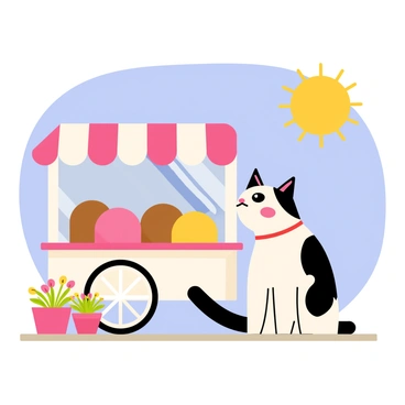 A playful cat with fluffy fur is sitting on the sidewalk, eagerly looking up at an ice cream cart. The cart is brightly colored, featuring a striped awning in shades of pink and white. The cart has a glass display showcasing various ice cream flavors in vibrant colors, including scoops of pink strawberry, brown chocolate, and yellow banana ice cream. The sun is shining brightly in a clear blue sky, casting cheerful shadows on the ground. Flowers in pots are placed nearby, adding splashes of color to the scene.