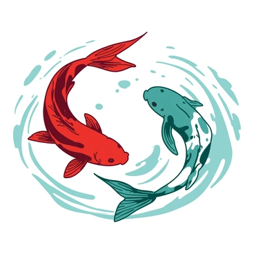 A duo of red and teal koi fish are swimming in a circular motion, their bodies gracefully arched as they create a dynamic pattern. Each koi fish has unique color patterns that enhance their elegance, with intricate scales shimmering in the light. The water surrounding them is clear, reflecting the colors of the koi. Delicate ripples radiate outward from their movement, adding to the fluidity of the scene. The background is softly blurred, emphasizing the vibrant koi fish as the focal point of the image.