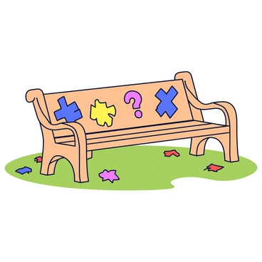 A wooden park bench with a natural finish. The bench has intricate carvings of colorful puzzle pieces and large question marks along the backrest and armrests. The bench is positioned on a grassy area, with scattered leaves around it, suggesting an autumn setting. Sunlight casts gentle shadows on the bench, creating a warm atmosphere.