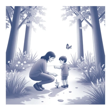 A parent and child walking along a nature trail, surrounded by lush greenery. The parent is kneeling down, pointing at a small plant growing at the side of the path, while the child, with wide eyes, is observing a butterfly fluttering nearby. Tall trees line the trail, their trunks sturdy and bark detailed. Various types of plants and flowers fill the area, with some low to the ground and others reaching upward. A small bird can be seen perched on a branch, adding an element of wildlife to the scene. The sun filters through the leaves, creating dappled patterns on the ground.