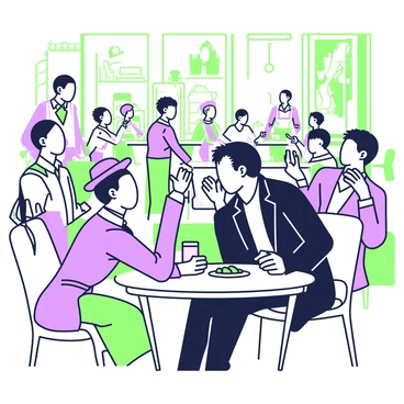 Arthur Rimbaud is seated at a small round table in a crowded café. He has tousled hair and is wearing a dark coat. Around him are several people engaged in animated conversation. A woman with a hat is leaning forward, listening intently, while a man gestures passionately with his hands. The café is filled with people, tables, and chairs, creating a bustling atmosphere. In the background, a barista is preparing drinks, and there are plates of pastries scattered on the tables. Light streams in through the café windows, creating a vibrant scene.